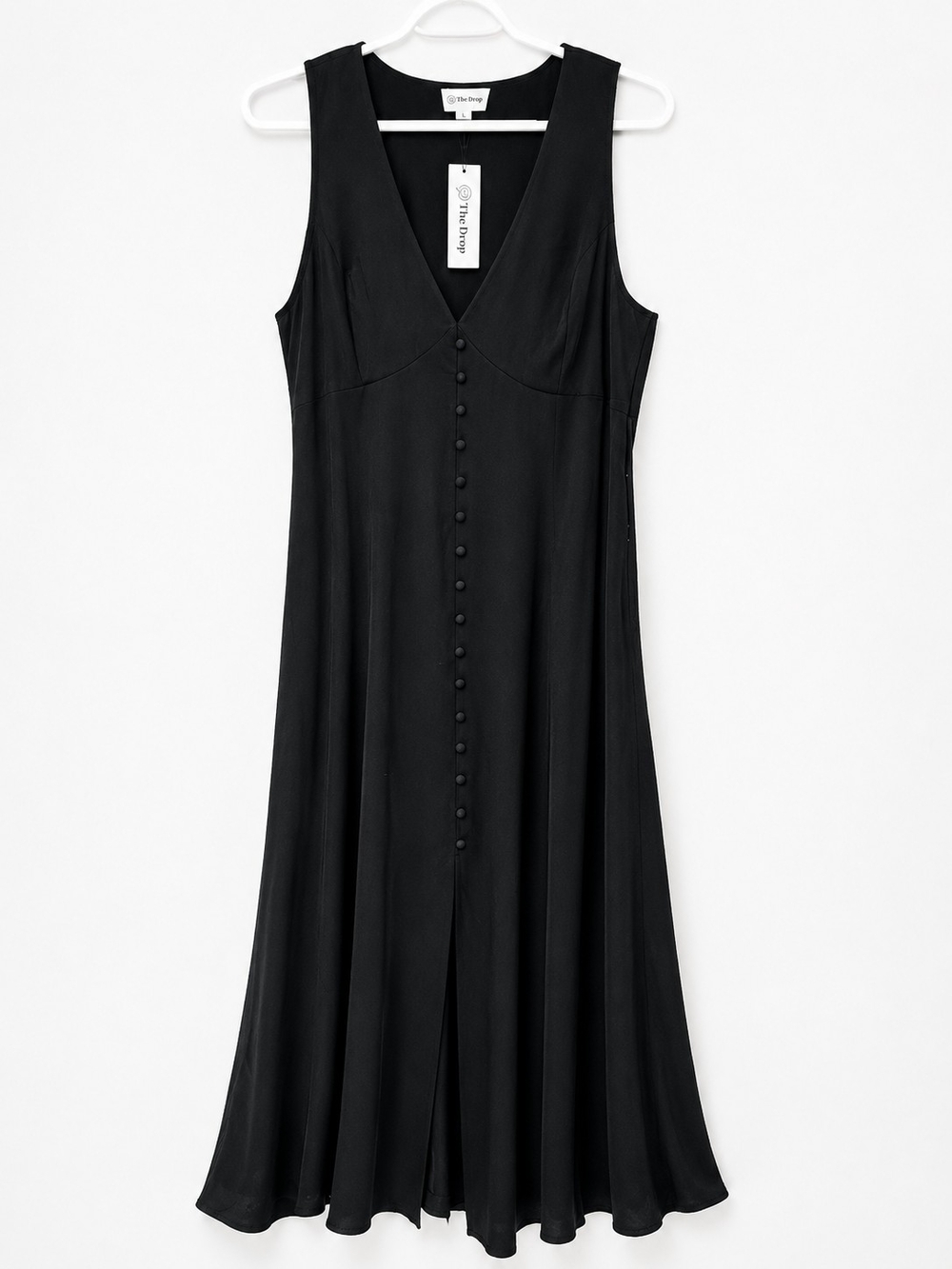 The Drop Black V-Neck Midi Dress with Covered Buttons